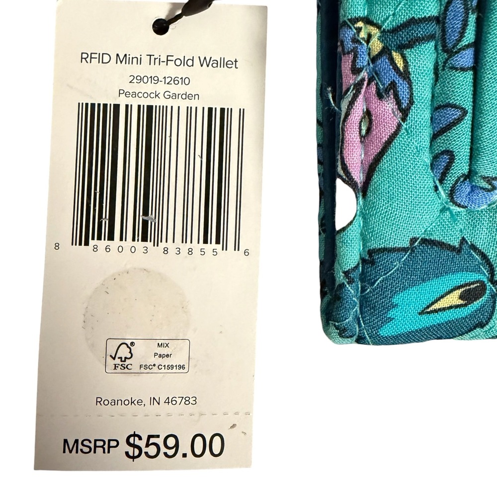 Vera Bradley Peacock Garden RFID Mini Tri-Fold Wallet Teal Quilted Cotton NWT - Picture 3 of 10